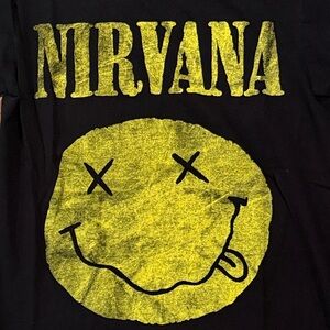 NIRVANA Black Tee with Yellow Smiley Graphic